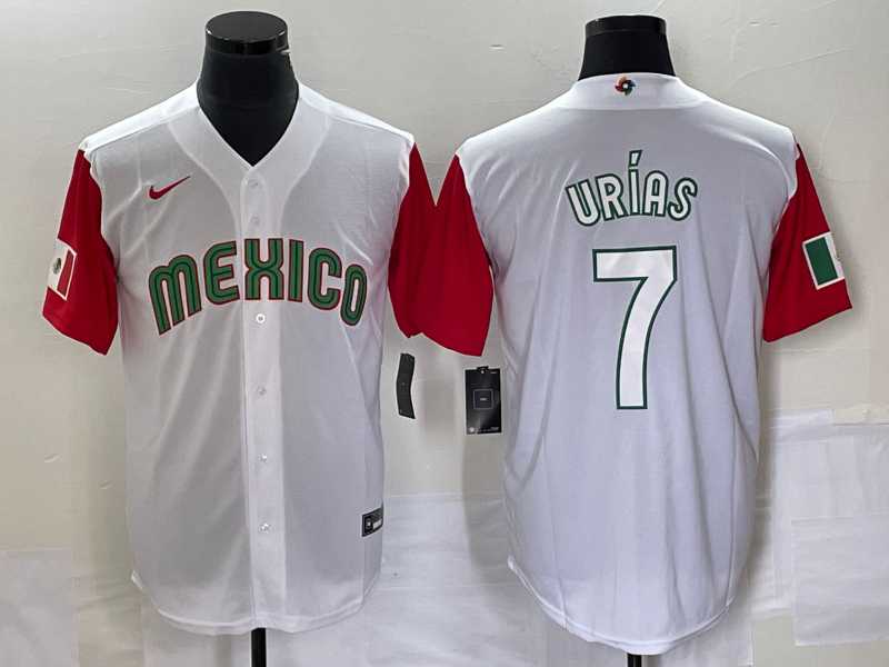 Mens Mexico Baseball #7 Julio Urias Number 2023 White Red World Classic Stitched Jersey 38->2023 world baseball classic->MLB Jersey